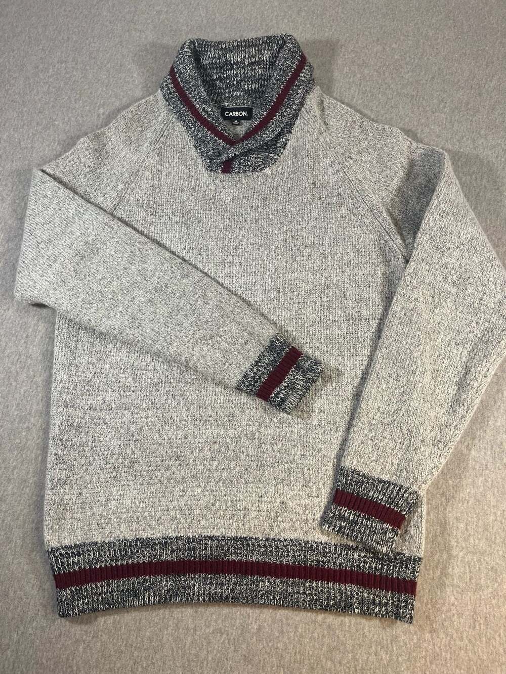 Carbon Shawl Collar Gray/Burgundy Knit Pullover Sweater Men’s M